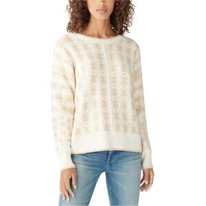Lucky Brand Cream Gold Star Snowflake Crew Neck Pullover Sweater Large